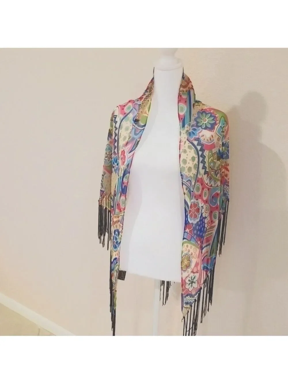 Floral fringed shawl,wrap one size,polyester.